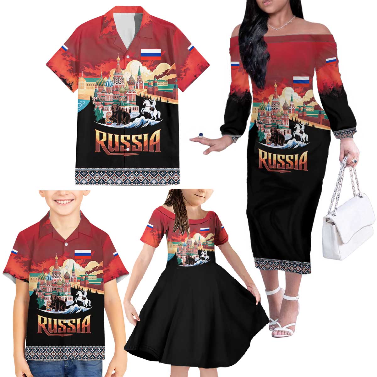 Russia Flag Red and Black Pullover Family Matching Off The Shoulder Long Sleeve Dress and Hawaiian Shirt with Moscow Skyline Bear and Horse Design