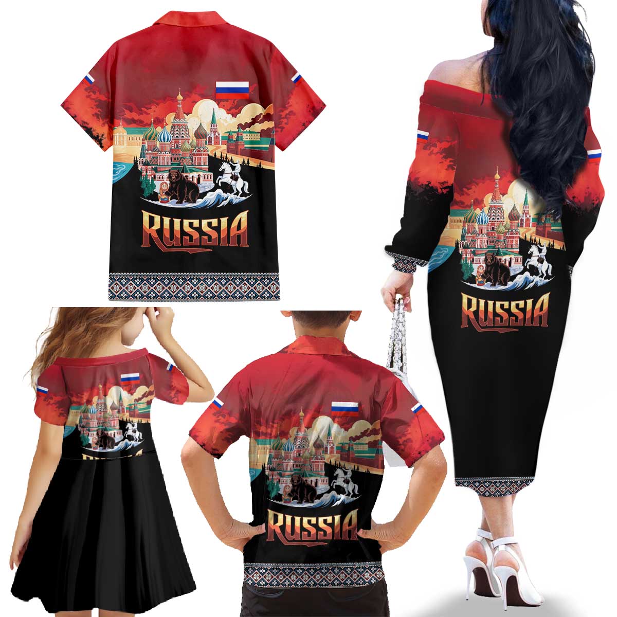 Russia Flag Red and Black Pullover Family Matching Off The Shoulder Long Sleeve Dress and Hawaiian Shirt with Moscow Skyline Bear and Horse Design