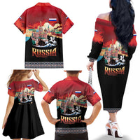 Russia Flag Red and Black Pullover Family Matching Off The Shoulder Long Sleeve Dress and Hawaiian Shirt with Moscow Skyline Bear and Horse Design