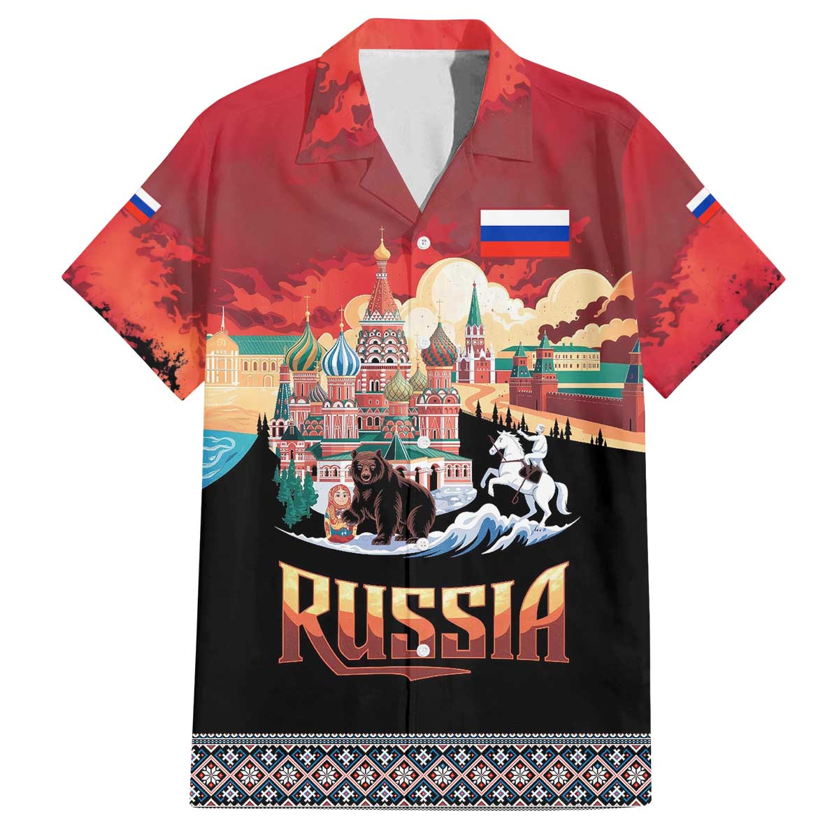 Russia Flag Red and Black Pullover Family Matching Off The Shoulder Long Sleeve Dress and Hawaiian Shirt with Moscow Skyline Bear and Horse Design