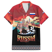 Russia Flag Red and Black Pullover Family Matching Off The Shoulder Long Sleeve Dress and Hawaiian Shirt with Moscow Skyline Bear and Horse Design