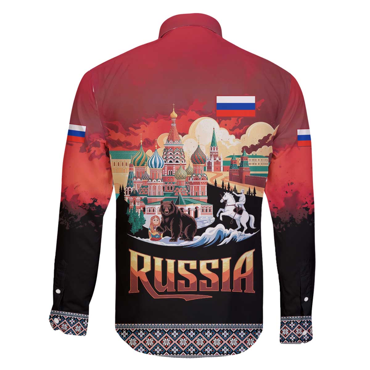 Russia Flag Red and Black Pullover Family Matching Off The Shoulder Long Sleeve Dress and Hawaiian Shirt with Moscow Skyline Bear and Horse Design