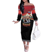 Russia Flag Red and Black Pullover Family Matching Off The Shoulder Long Sleeve Dress and Hawaiian Shirt with Moscow Skyline Bear and Horse Design