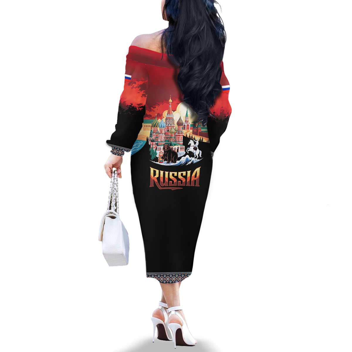 Russia Flag Red and Black Pullover Family Matching Off The Shoulder Long Sleeve Dress and Hawaiian Shirt with Moscow Skyline Bear and Horse Design