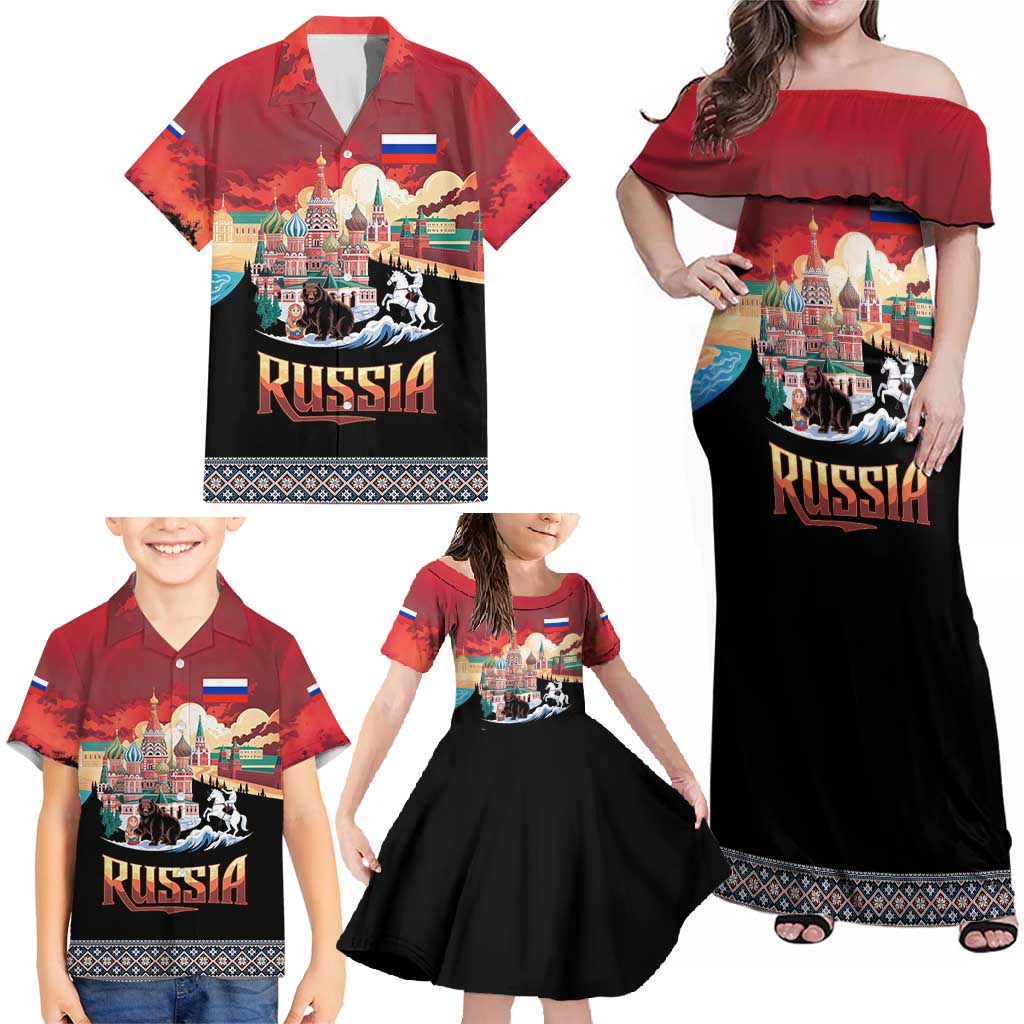 Russia Flag Red and Black Pullover Family Matching Off Shoulder Maxi Dress and Hawaiian Shirt with Moscow Skyline Bear and Horse Design