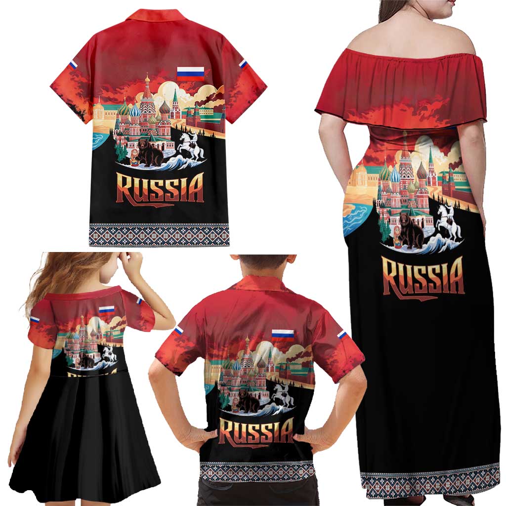 Russia Flag Red and Black Pullover Family Matching Off Shoulder Maxi Dress and Hawaiian Shirt with Moscow Skyline Bear and Horse Design