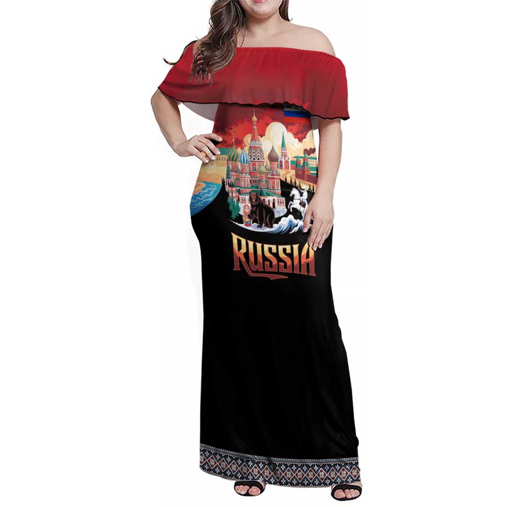 Russia Flag Red and Black Pullover Family Matching Off Shoulder Maxi Dress and Hawaiian Shirt with Moscow Skyline Bear and Horse Design