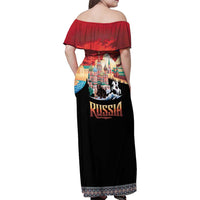 Russia Flag Red and Black Pullover Family Matching Off Shoulder Maxi Dress and Hawaiian Shirt with Moscow Skyline Bear and Horse Design