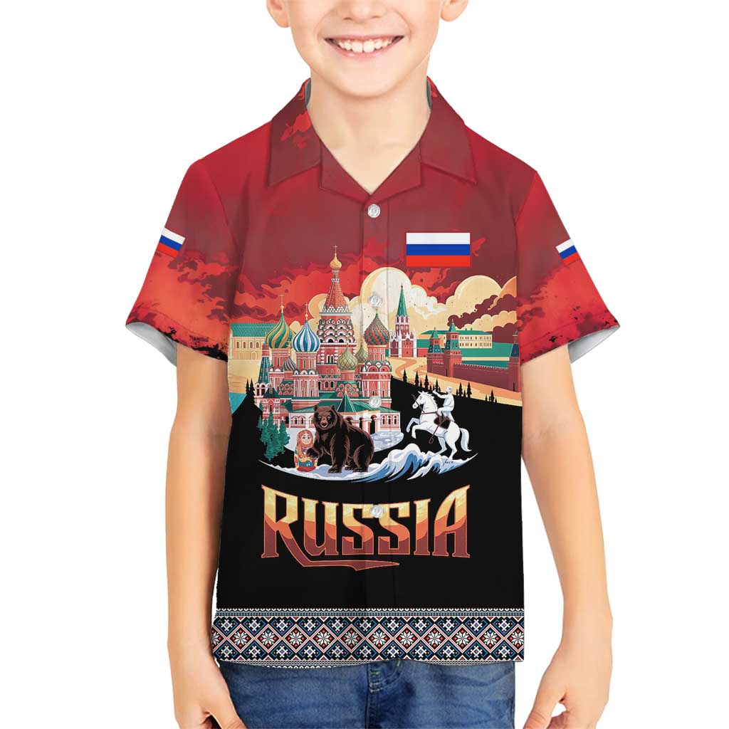 Russia Flag Red and Black Pullover Family Matching Off Shoulder Maxi Dress and Hawaiian Shirt with Moscow Skyline Bear and Horse Design