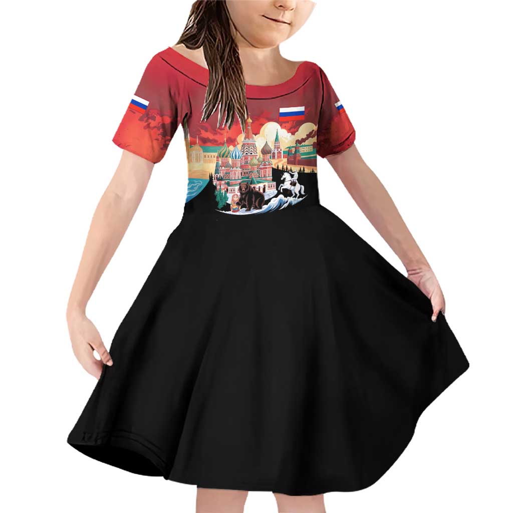 Russia Flag Red and Black Pullover Family Matching Off Shoulder Short Dress and Hawaiian Shirt with Moscow Skyline Bear and Horse Design