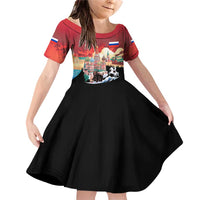 Russia Flag Red and Black Pullover Family Matching Off Shoulder Short Dress and Hawaiian Shirt with Moscow Skyline Bear and Horse Design