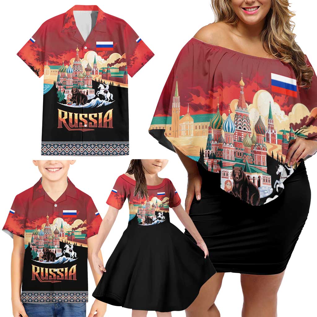 Russia Flag Red and Black Pullover Family Matching Off Shoulder Short Dress and Hawaiian Shirt with Moscow Skyline Bear and Horse Design
