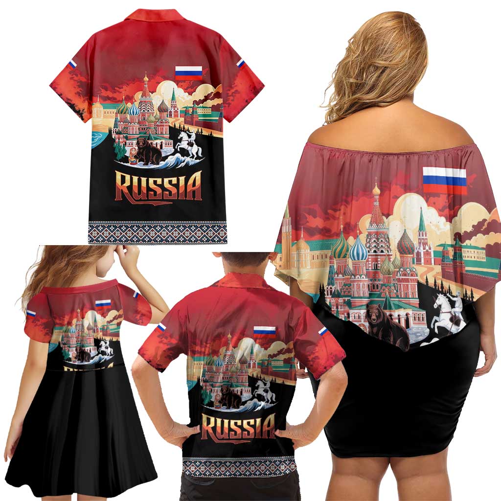 Russia Flag Red and Black Pullover Family Matching Off Shoulder Short Dress and Hawaiian Shirt with Moscow Skyline Bear and Horse Design