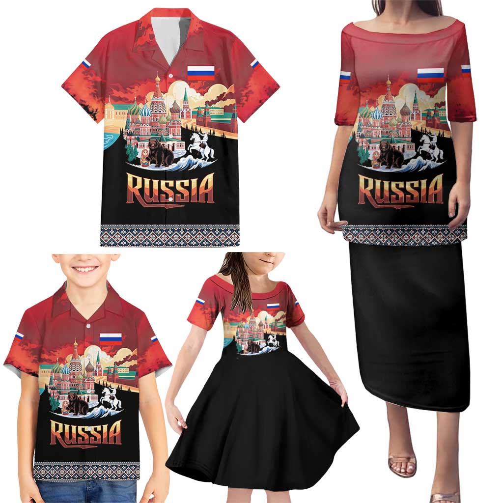 Russia Flag Red and Black Pullover Family Matching Puletasi and Hawaiian Shirt with Moscow Skyline Bear and Horse Design