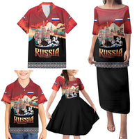 Russia Flag Red and Black Pullover Family Matching Puletasi and Hawaiian Shirt with Moscow Skyline Bear and Horse Design