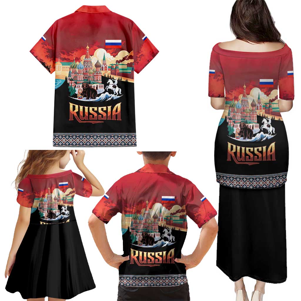 Russia Flag Red and Black Pullover Family Matching Puletasi and Hawaiian Shirt with Moscow Skyline Bear and Horse Design
