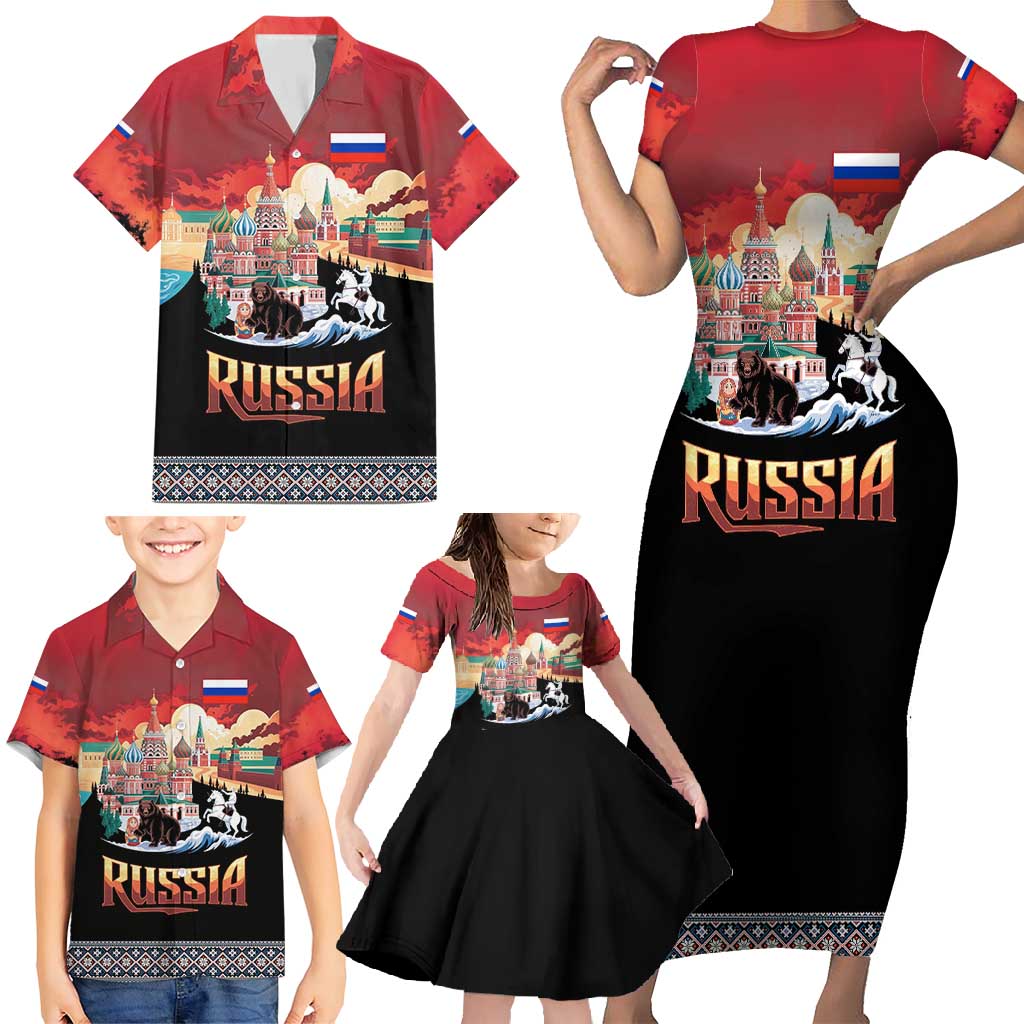 Russia Flag Red and Black Pullover Family Matching Short Sleeve Bodycon Dress and Hawaiian Shirt with Moscow Skyline Bear and Horse Design