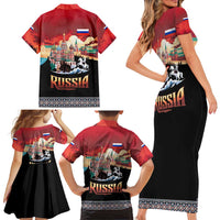 Russia Flag Red and Black Pullover Family Matching Short Sleeve Bodycon Dress and Hawaiian Shirt with Moscow Skyline Bear and Horse Design