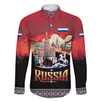 Russia Flag Red and Black Pullover Family Matching Short Sleeve Bodycon Dress and Hawaiian Shirt with Moscow Skyline Bear and Horse Design