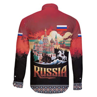 Russia Flag Red and Black Pullover Family Matching Short Sleeve Bodycon Dress and Hawaiian Shirt with Moscow Skyline Bear and Horse Design