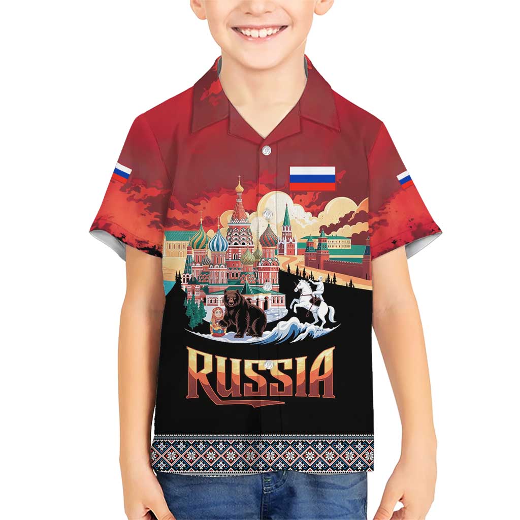 Russia Flag Red and Black Pullover Family Matching Short Sleeve Bodycon Dress and Hawaiian Shirt with Moscow Skyline Bear and Horse Design