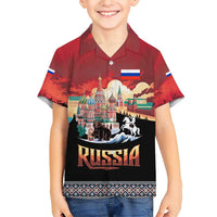 Russia Flag Red and Black Pullover Family Matching Short Sleeve Bodycon Dress and Hawaiian Shirt with Moscow Skyline Bear and Horse Design