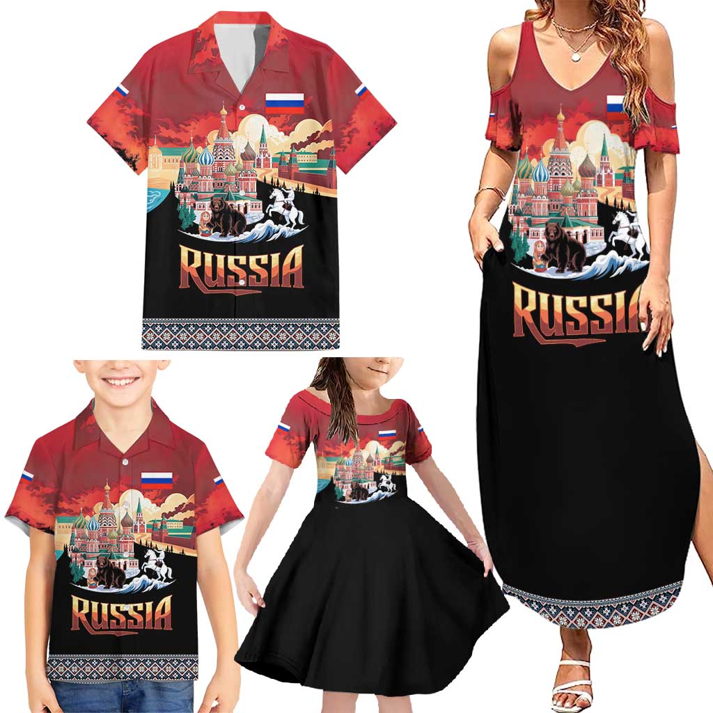 Russia Flag Red and Black Pullover Family Matching Summer Maxi Dress and Hawaiian Shirt with Moscow Skyline Bear and Horse Design