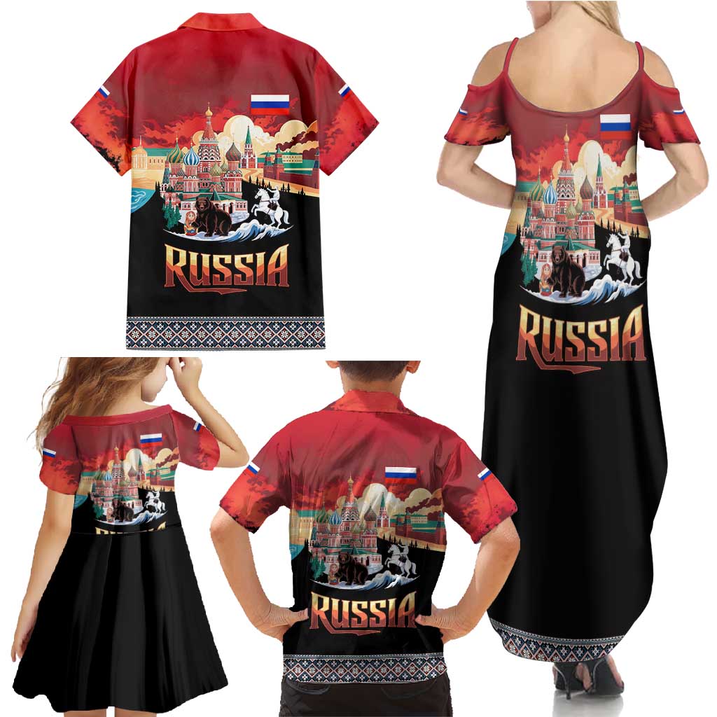 Russia Flag Red and Black Pullover Family Matching Summer Maxi Dress and Hawaiian Shirt with Moscow Skyline Bear and Horse Design