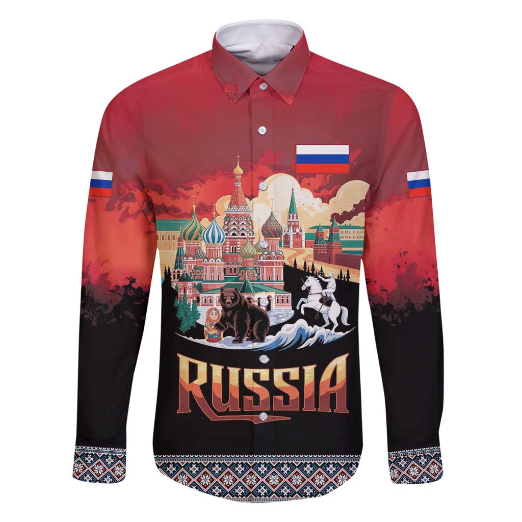 Russia Flag Red and Black Pullover Family Matching Summer Maxi Dress and Hawaiian Shirt with Moscow Skyline Bear and Horse Design