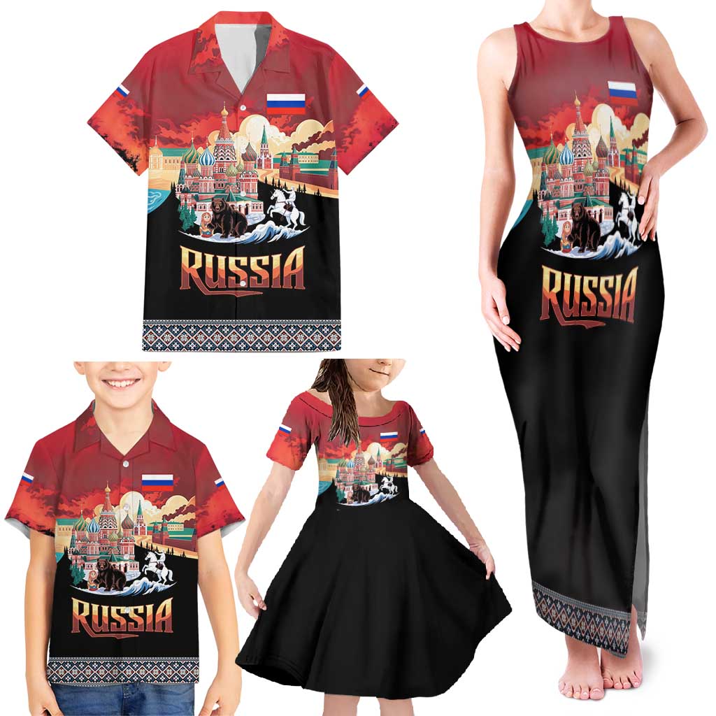 Russia Flag Red and Black Pullover Family Matching Tank Maxi Dress and Hawaiian Shirt with Moscow Skyline Bear and Horse Design