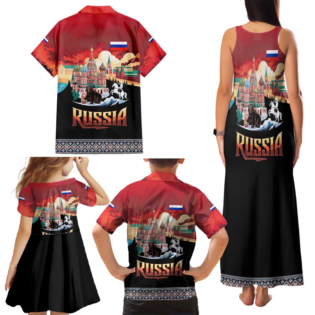 Russia Flag Red and Black Pullover Family Matching Tank Maxi Dress and Hawaiian Shirt with Moscow Skyline Bear and Horse Design