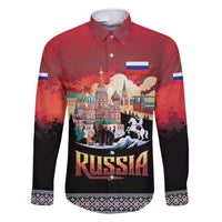 Russia Flag Red and Black Pullover Family Matching Tank Maxi Dress and Hawaiian Shirt with Moscow Skyline Bear and Horse Design