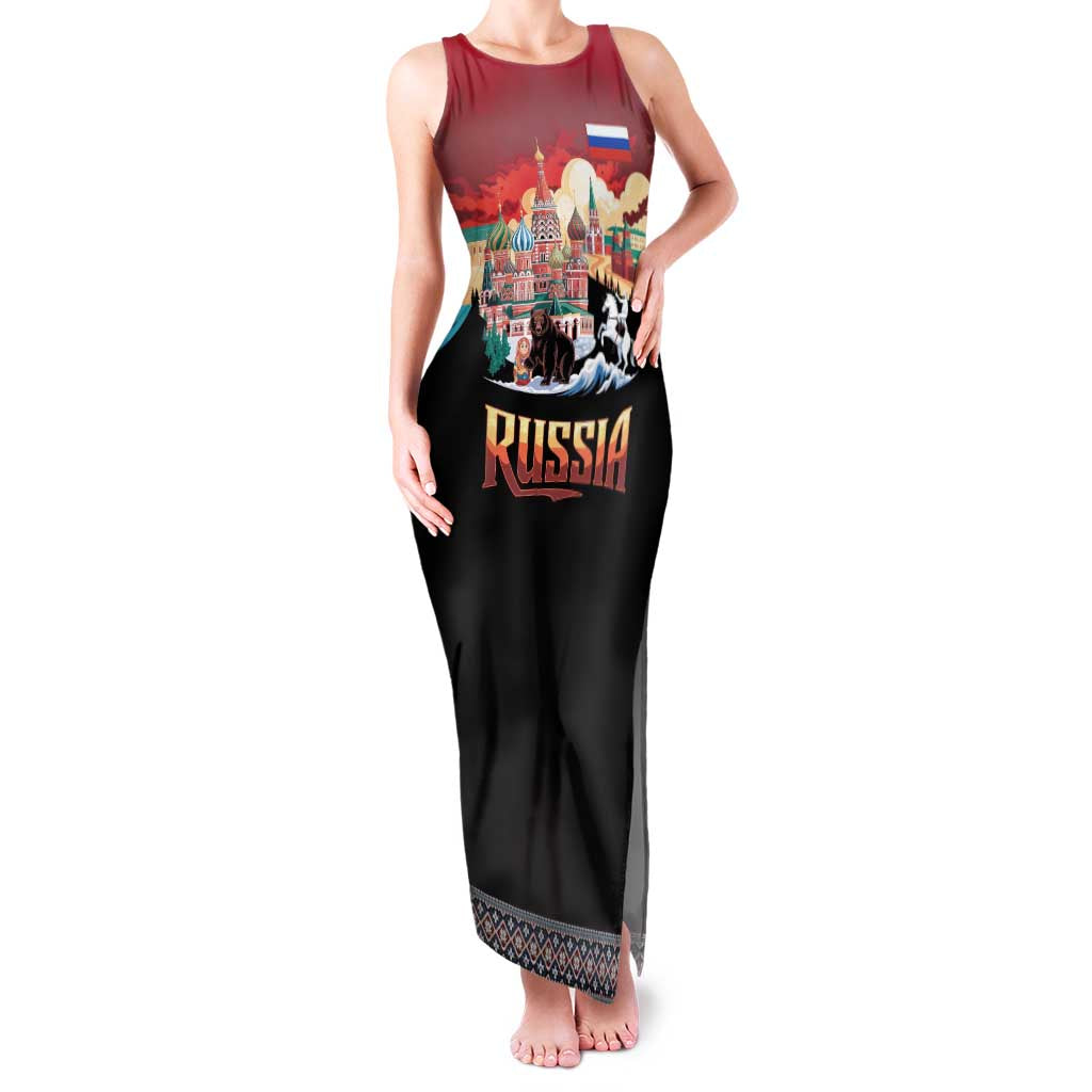 Russia Flag Red and Black Pullover Family Matching Tank Maxi Dress and Hawaiian Shirt with Moscow Skyline Bear and Horse Design