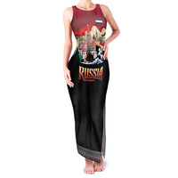 Russia Flag Red and Black Pullover Family Matching Tank Maxi Dress and Hawaiian Shirt with Moscow Skyline Bear and Horse Design