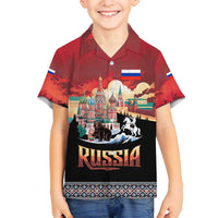 Russia Flag Red and Black Pullover Family Matching Tank Maxi Dress and Hawaiian Shirt with Moscow Skyline Bear and Horse Design