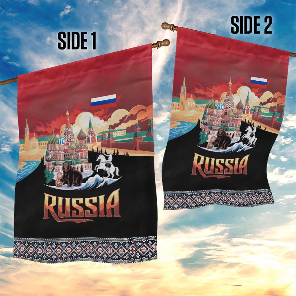 Russia Flag Red and Black Pullover Garden Flag with Moscow Skyline Bear and Horse Design