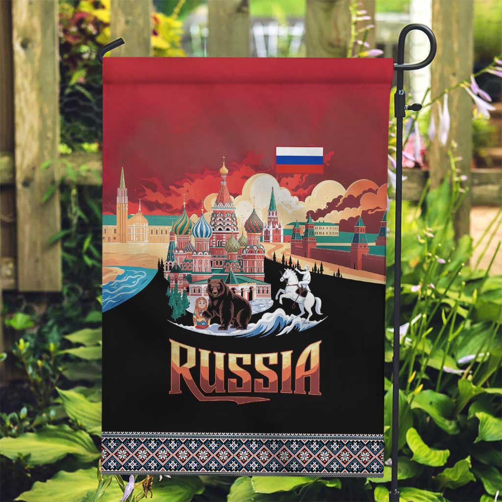 Russia Flag Red and Black Pullover Garden Flag with Moscow Skyline Bear and Horse Design