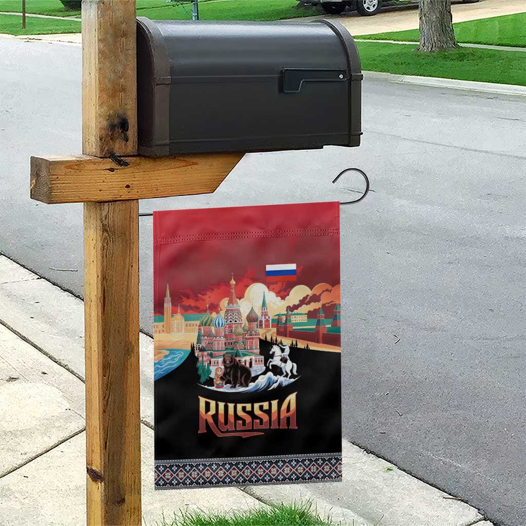 Russia Flag Red and Black Pullover Garden Flag with Moscow Skyline Bear and Horse Design