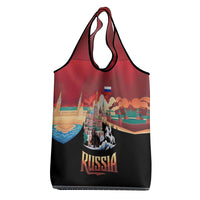 Russia Flag Red and Black Pullover Grocery Bag with Moscow Skyline Bear and Horse Design