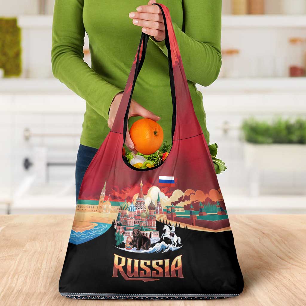 Russia Flag Red and Black Pullover Grocery Bag with Moscow Skyline Bear and Horse Design