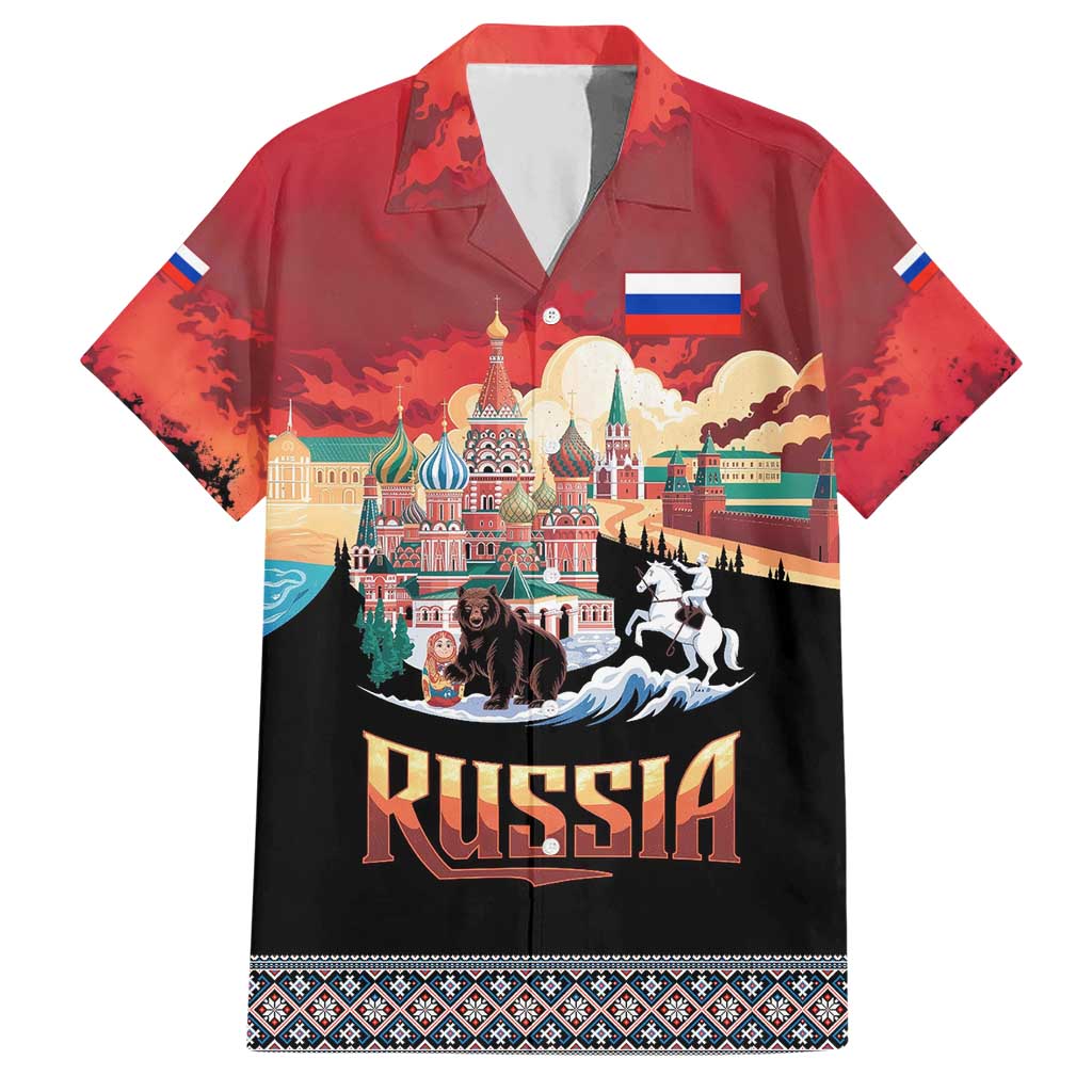 Russia Flag Red and Black Pullover Hawaiian Shirt with Moscow Skyline Bear and Horse Design