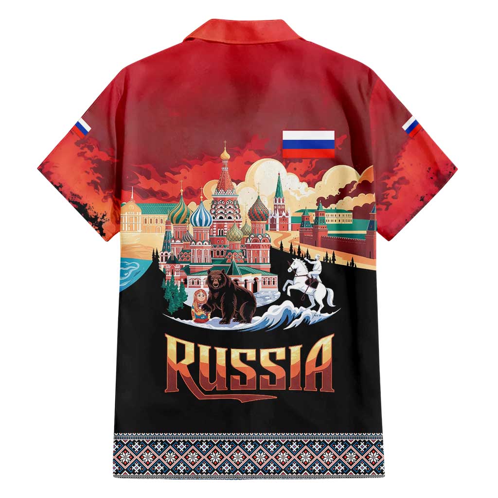 Russia Flag Red and Black Pullover Hawaiian Shirt with Moscow Skyline Bear and Horse Design