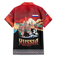 Russia Flag Red and Black Pullover Hawaiian Shirt with Moscow Skyline Bear and Horse Design