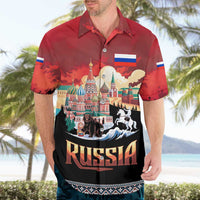 Russia Flag Red and Black Pullover Hawaiian Shirt with Moscow Skyline Bear and Horse Design