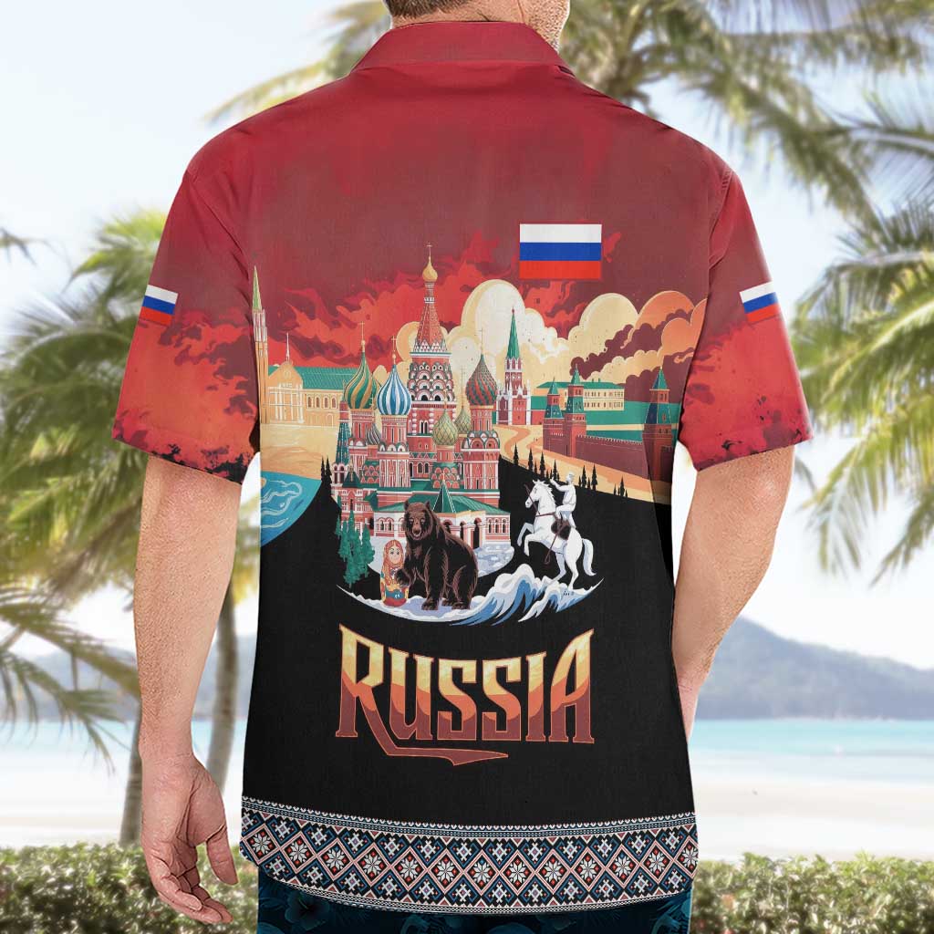 Russia Flag Red and Black Pullover Hawaiian Shirt with Moscow Skyline Bear and Horse Design