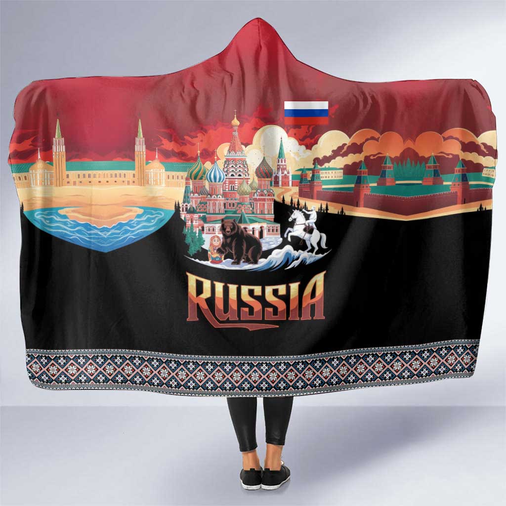 Russia Flag Red and Black Pullover Hooded Blanket with Moscow Skyline Bear and Horse Design
