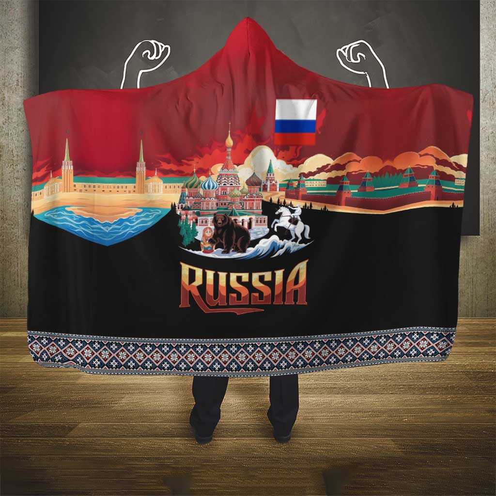 Russia Flag Red and Black Pullover Hooded Blanket with Moscow Skyline Bear and Horse Design