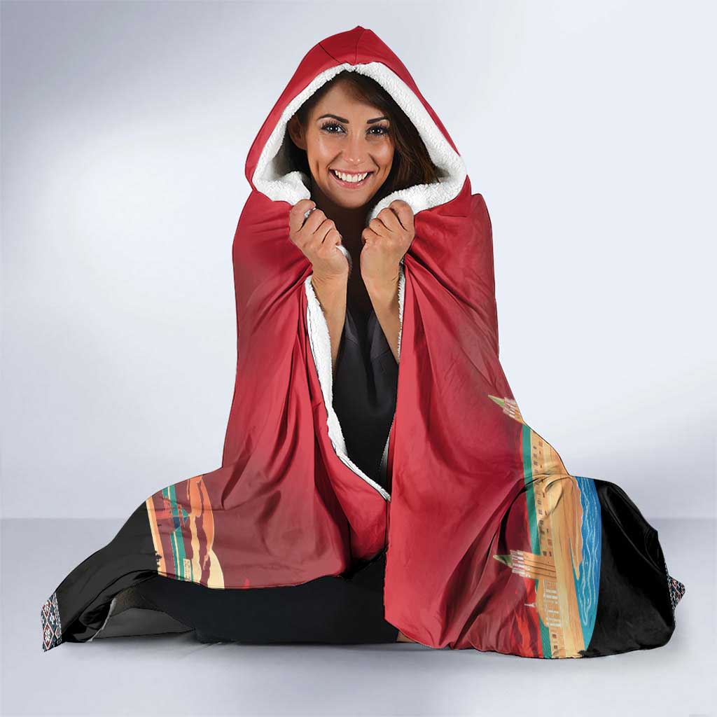 Russia Flag Red and Black Pullover Hooded Blanket with Moscow Skyline Bear and Horse Design