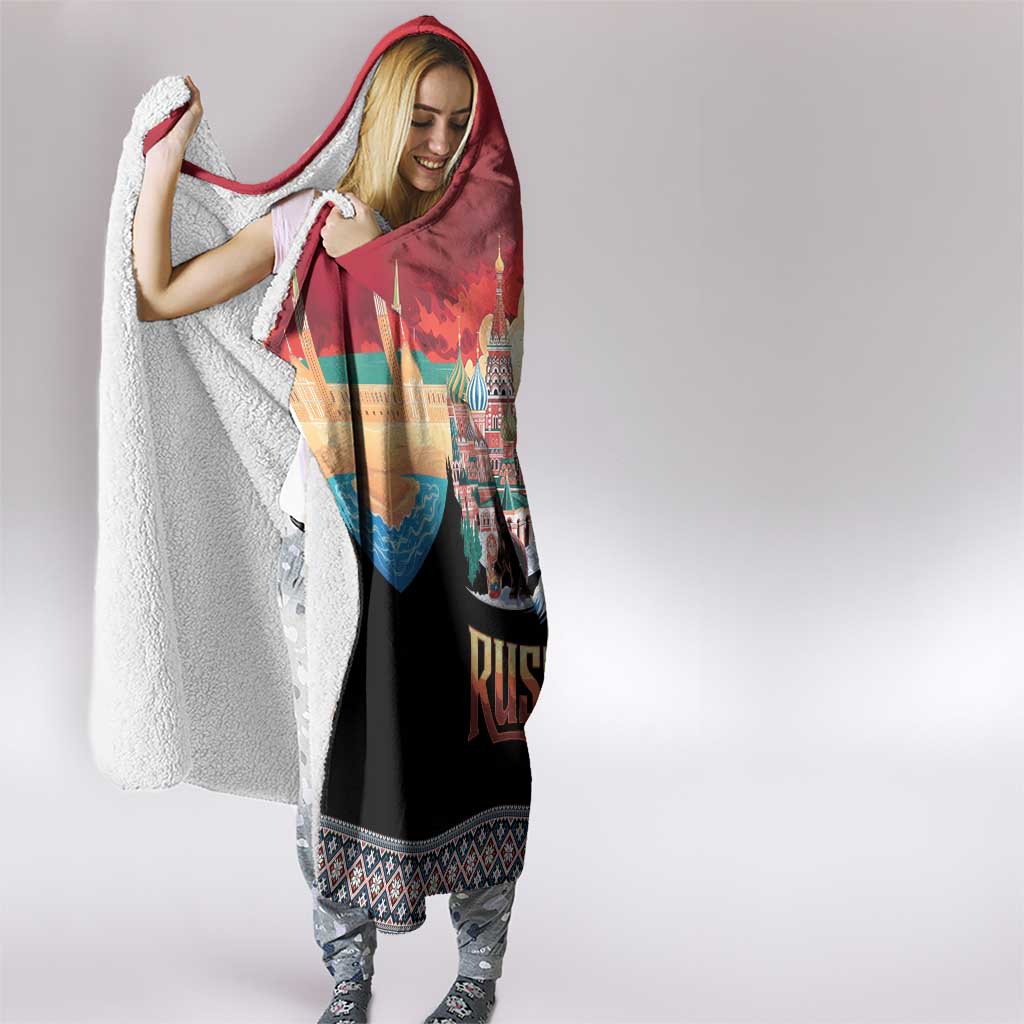 Russia Flag Red and Black Pullover Hooded Blanket with Moscow Skyline Bear and Horse Design