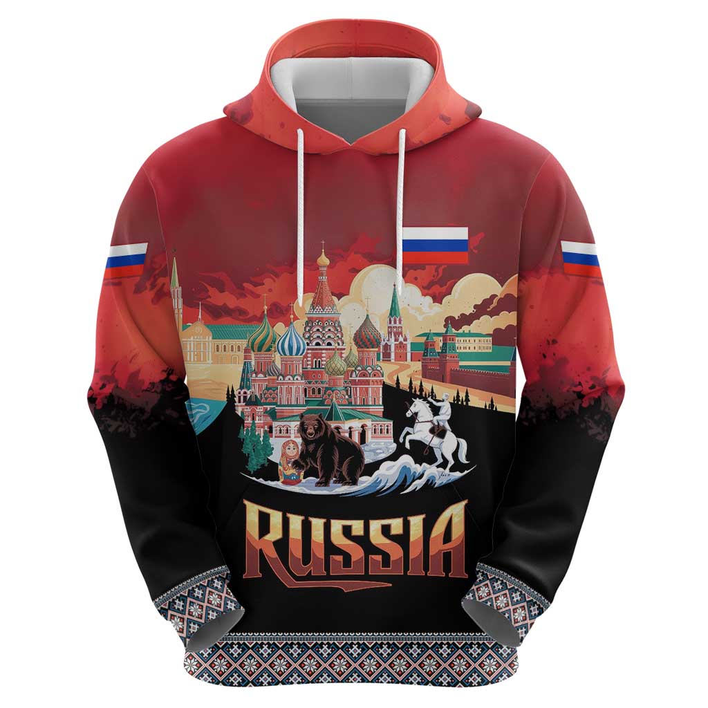 Russia Flag Red and Black Pullover Hoodie with Moscow Skyline Bear and Horse Design